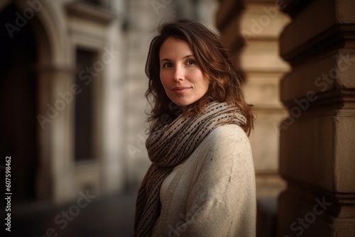 Portrait of a beautiful young woman in a white coat and scarf in the city.