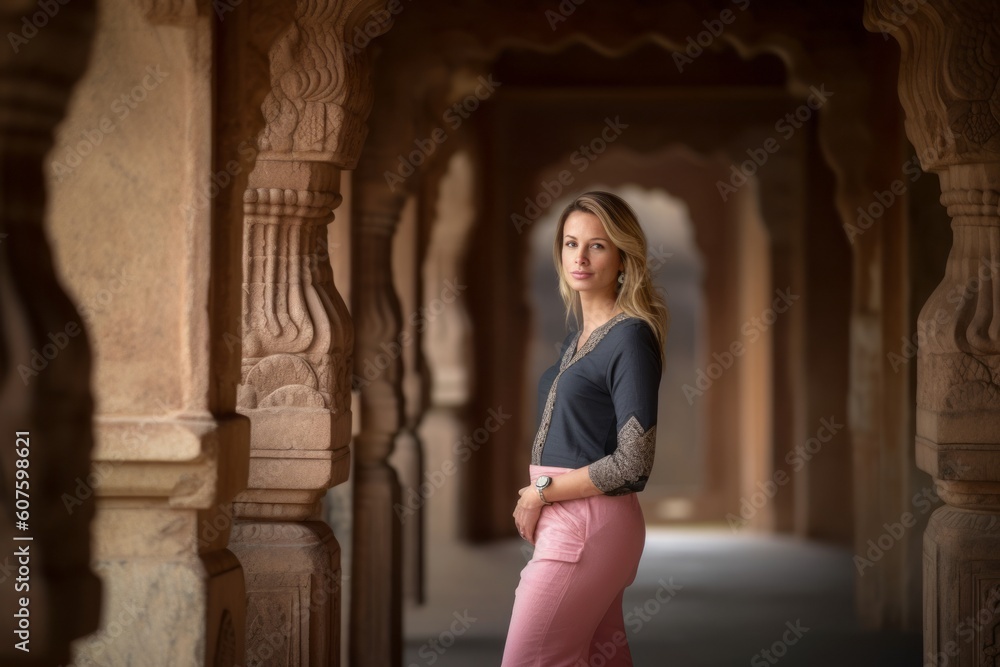 Portrait of a beautiful young woman standing in the ancient city of Khajuraho.