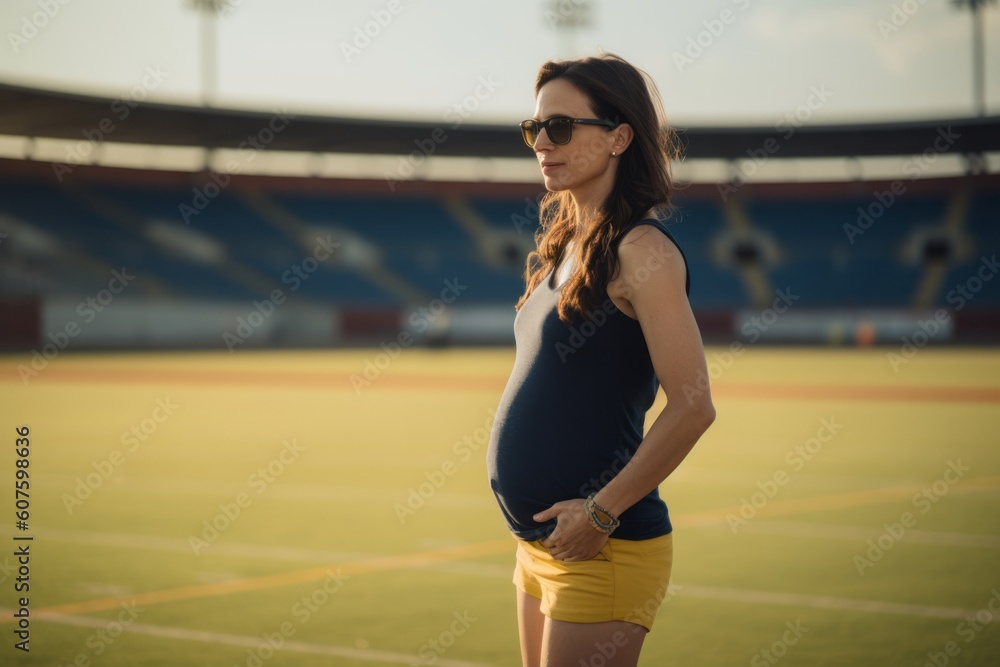 Beautiful pregnant woman in sportswear and sunglasses standing on the stadium