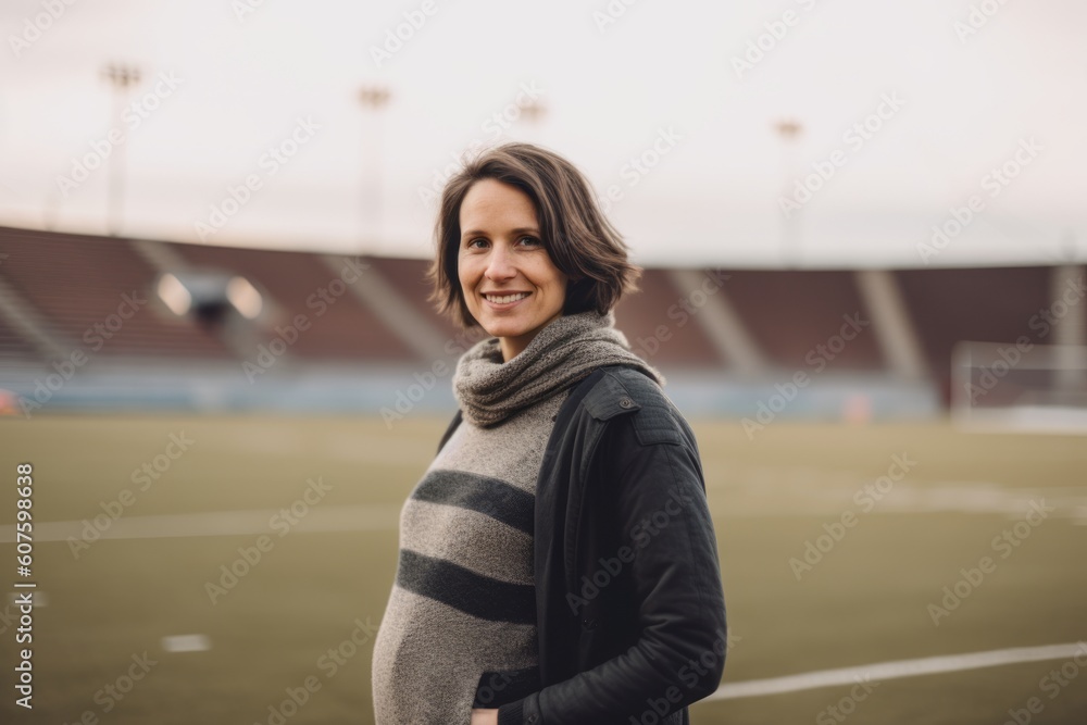 Portrait of a beautiful woman standing on the sports field in winter Portrait of a beautiful woman standing on the sports field in winter