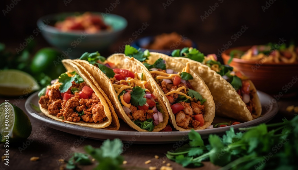 Fresh guacamole and beef taco on flatbread generated by AI Fresh guacamole and beef taco on flatbread generated by AI