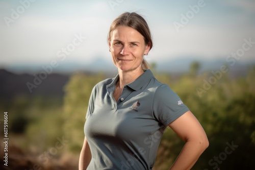 Portrait of a beautiful mature woman with short hair wearing a polo shirt