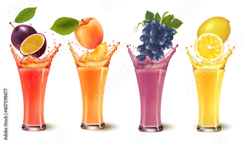 Set of fruit juice splash in a glass. passion fruit, apricot, grape, lemon. Vector