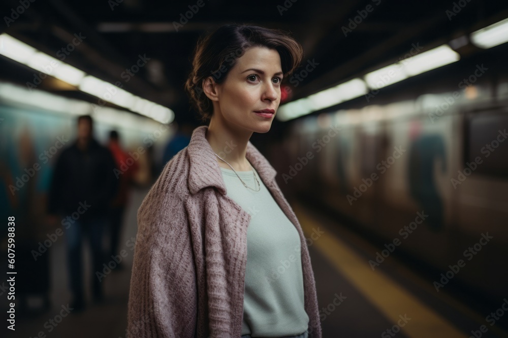 Portrait of a beautiful young woman in the subway station, wearing a pink coat. Portrait of a beautiful young woman in the subway station, wearing a pink coat.