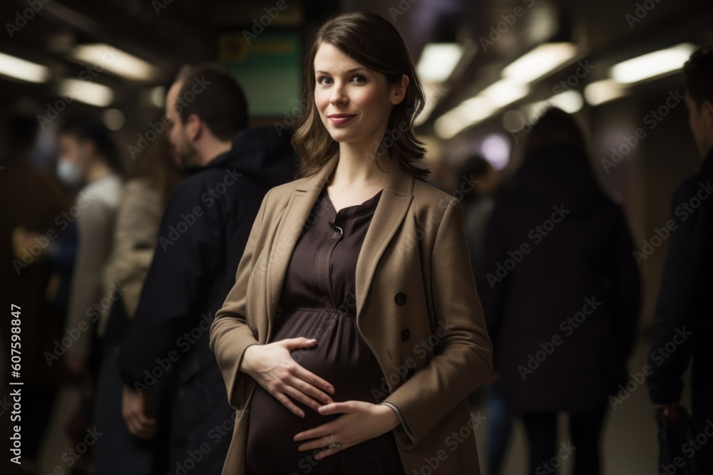 Portrait of a beautiful pregnant woman in the subway station. Selective focus.