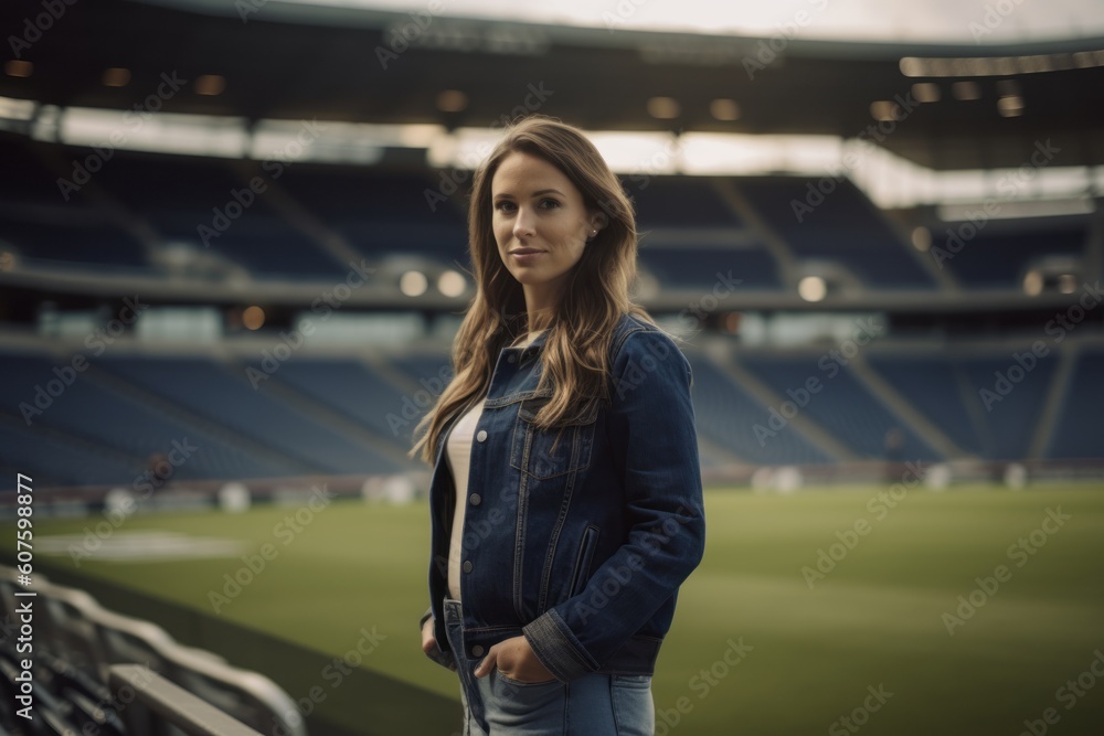 Fototapeta premium Portrait of a beautiful young woman in jeans jacket on the background of the stadium.