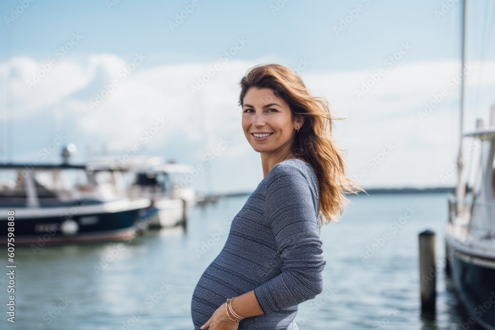 Portrait of a beautiful pregnant woman on a yacht in the port