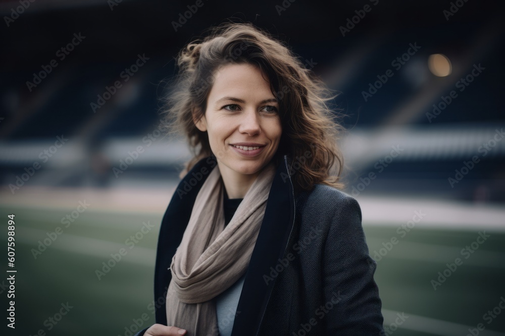 Portrait of a beautiful young woman in a coat and scarf on the stadium Portrait of a beautiful young woman in a coat and scarf on the stadium