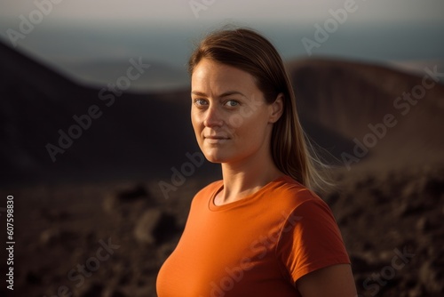 Young woman in orange t-shirt on the background of volcanic landscape.