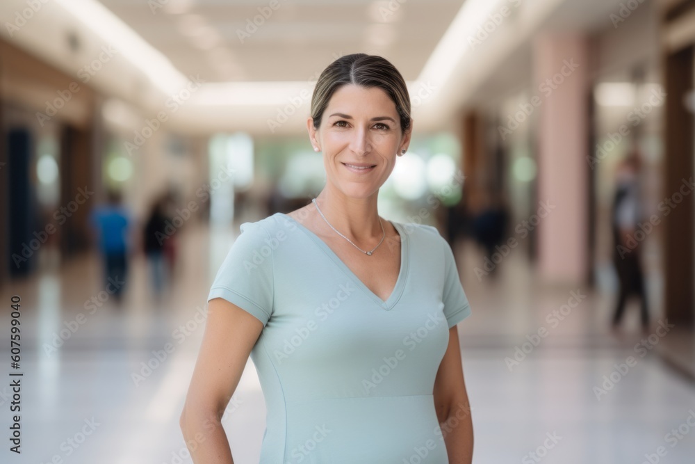 Portrait of happy mature woman standing in corridor of hospital or clinic