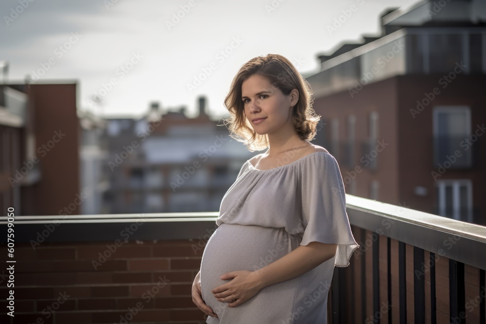 Portrait of a beautiful pregnant woman on the balcony in the city.