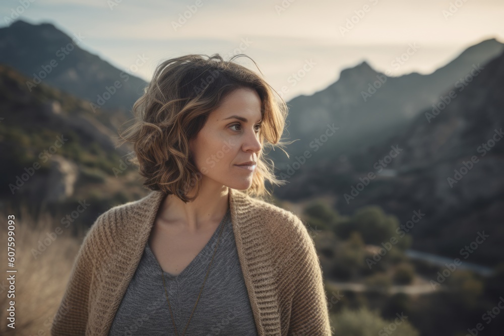 A young woman in a beige sweater standing on top of a mountain and looking at the camera. A young woman in a beige sweater standing on top of a mountain and looking at the camera.