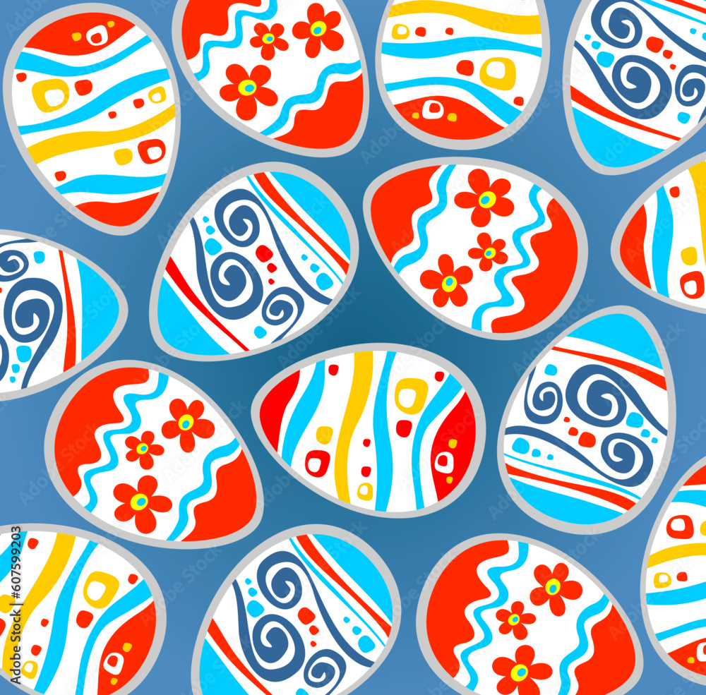 Ornate Easter eggs on a blue background. Easter illustration. Ornate Easter eggs on a blue background. Easter illustration.