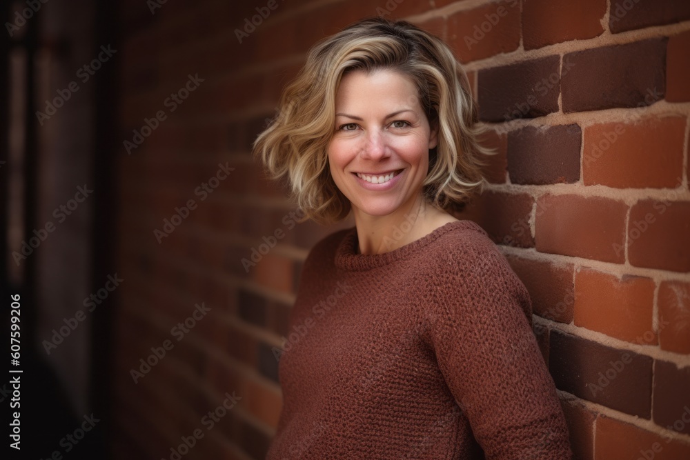 Portrait of a beautiful woman smiling at the camera against brick wall