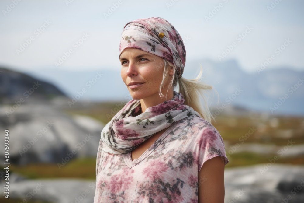 Portrait of a beautiful woman with a scarf on her head in the mountains Portrait of a beautiful woman with a scarf on her head in the mountains