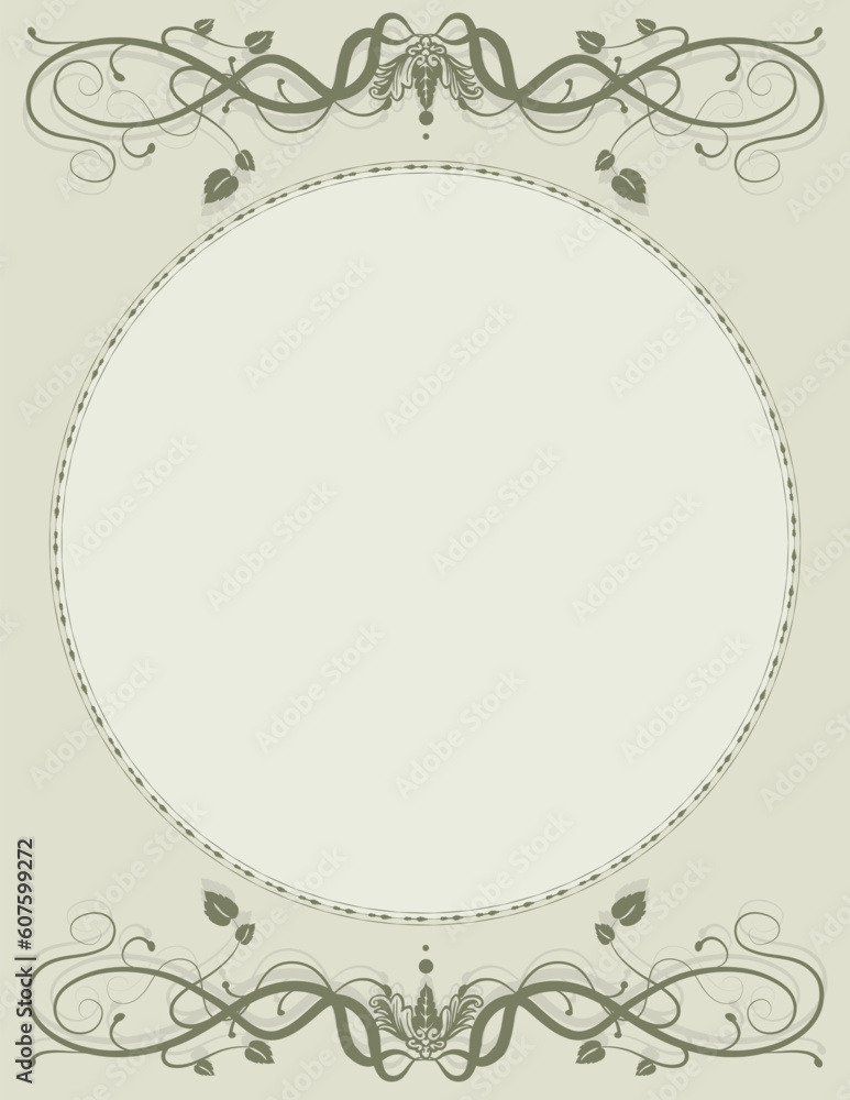A decorative scroll background with a circular space in the center