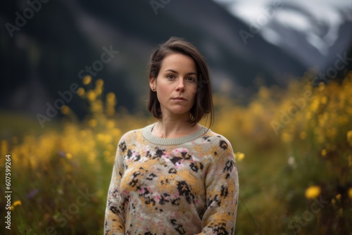 Beautiful young woman standing in a field of wildflowers.