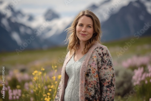 Portrait of a beautiful young woman with long blond hair, wearing a warm knitted sweater, standing in a field of blooming wildflowers. © Robert MEYNER