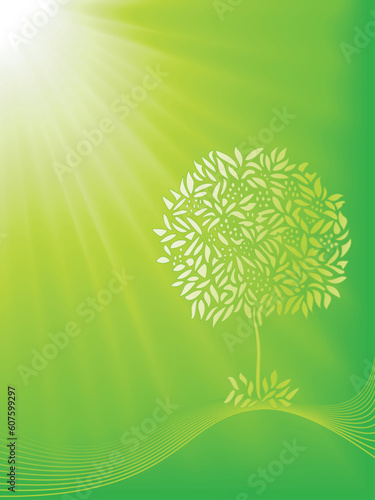 Stylized tree shiloutte on a green light burst background. 5 global colors, blends, clipping masks and linear gradient.