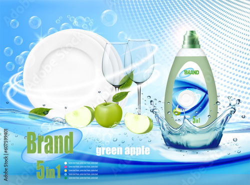 Stack of clean plates and two glasses  in soap foam and bubblies with cleanser bottle with a green apple. Realistic dishware  for dishwashing detergent advertising design. Vector