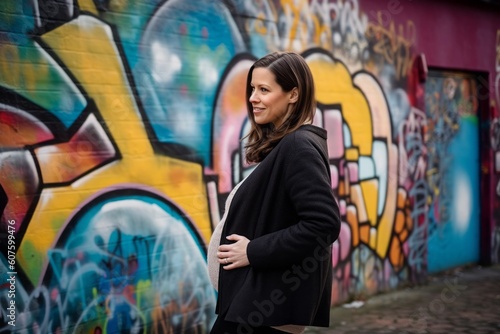 Beautiful young pregnant woman in black coat at the graffiti wall background
