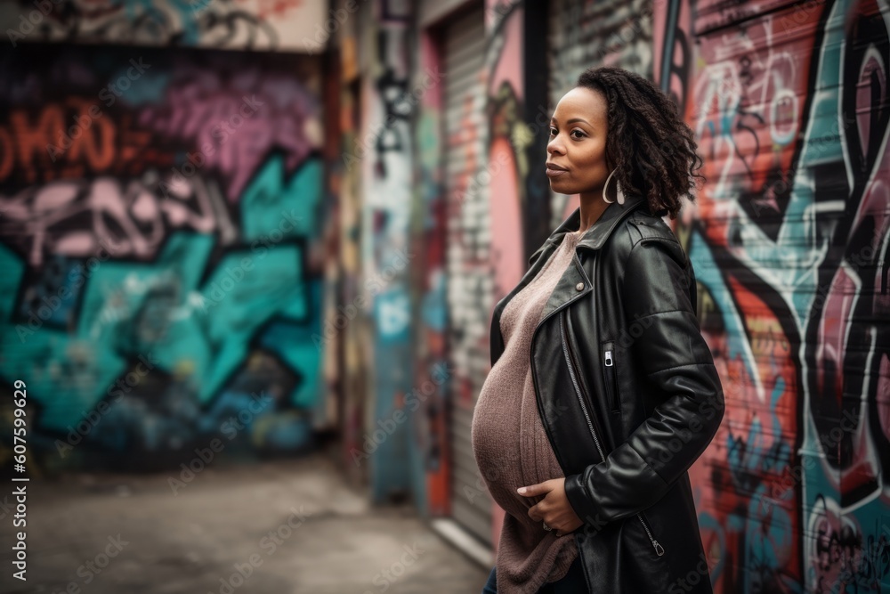 Fototapeta premium Young african american pregnant woman in leather jacket against graffiti wall.