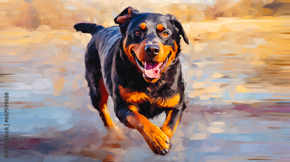 Rottweiler dog running illustration vector in abstract mixed grunge colors digital painting in minimal graphic art style. Very cute small animal. Digital illustration generative AI.