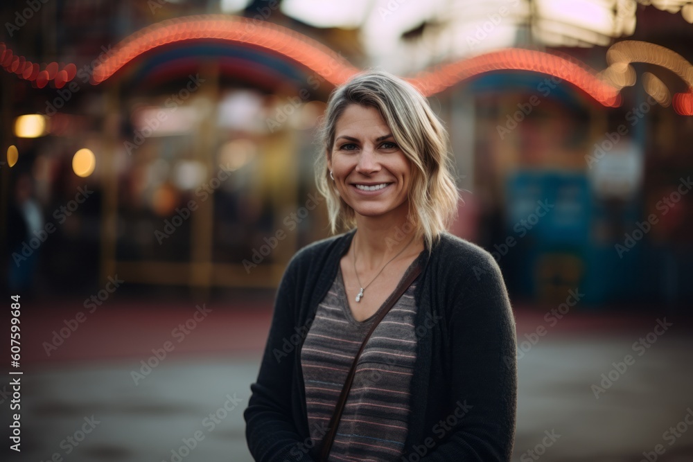 Group portrait photography of a pleased pregnant woman in her 40s that is wearing a cozy sweater against an amusement park or theme park background . Generative AI