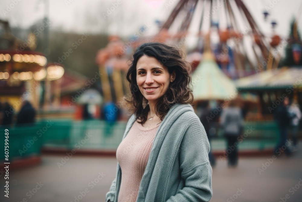 Portrait of a young woman on the background of an amusement park