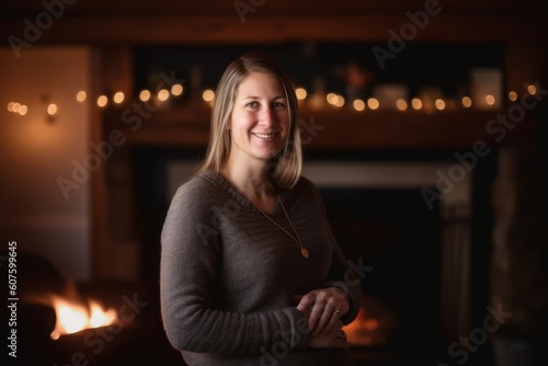 Portrait of a smiling woman standing in front of fireplace at home