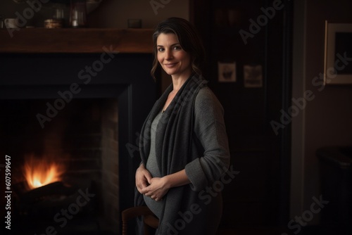 Portrait of a beautiful pregnant woman in front of fireplace at home