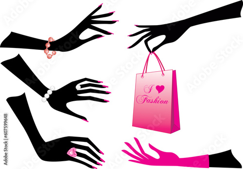 Female hands with jewels and shopping bag, vector