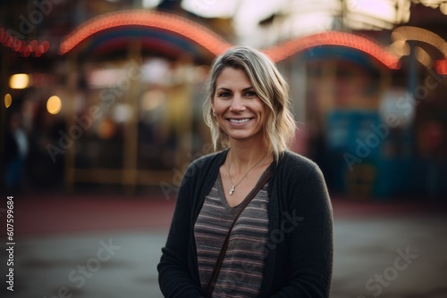 Group portrait photography of a pleased pregnant woman in her 40s that is wearing a cozy sweater against an amusement park or theme park background . Generative AI © Robert MEYNER