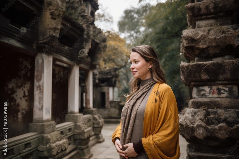 Portrait of a beautiful girl in a yellow coat standing in the ancient temple