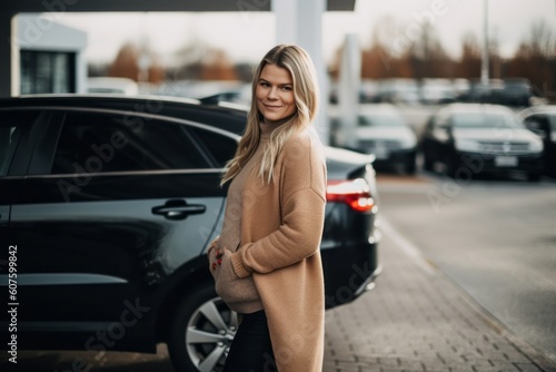 beautiful blonde girl in a coat on the background of a car © Robert MEYNER