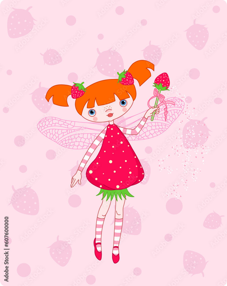 Cute strawberry fairy flying on pink background Cute strawberry fairy flying on pink background