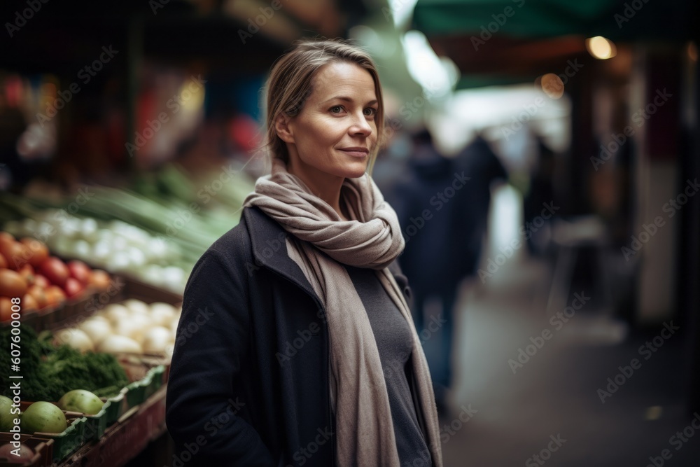 Young woman shopping at the local market in Paris. Looking at camera.