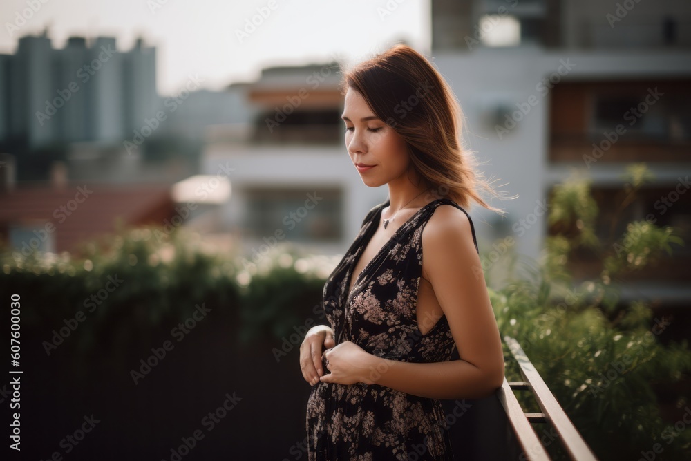 Portrait of a beautiful asian pregnant woman in the city.