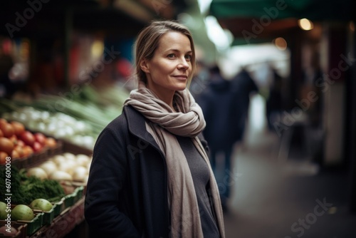 Young woman shopping at the local market in Paris. Looking at camera.