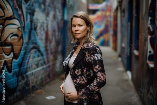 Pregnant woman in front of graffiti wall. Maternity concept.
