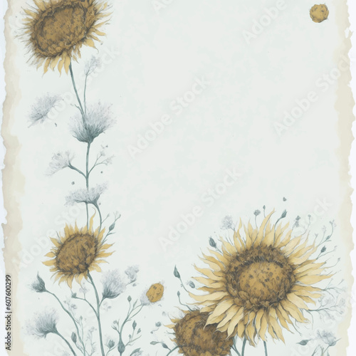 ephemera paper journal page with Sunflowers and delicate white dandelions floating in the breeze on a pale yellow background illustration, vintage, distressed textures, pastel colors, craft paper text