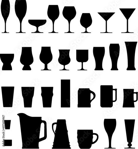 A large set of vector silhouettes of alcohol and coffee drink glasses, cups, and mugs.