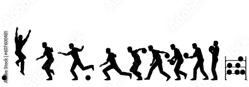 Editable vector silhouette sequence of a man bowling