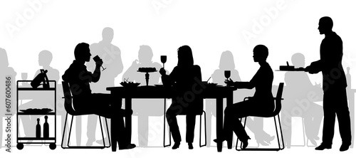 Editable vector silhouette of people eating in a restaurant with all figures as separate objects