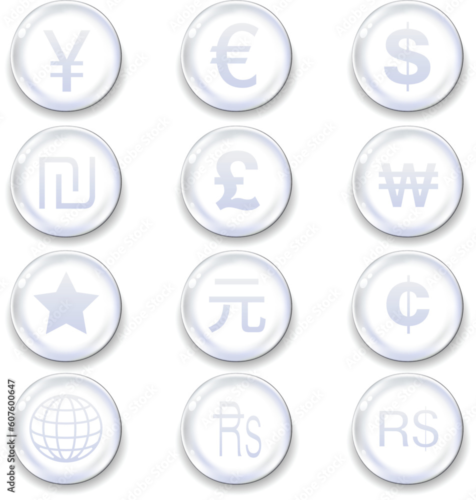 International currency icons on glass orb vector button set International currency icons on glass orb vector button set
