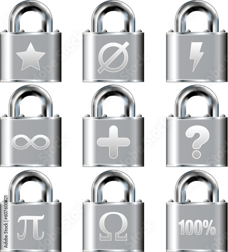 Math symbol icon set on secure vector lock buttons