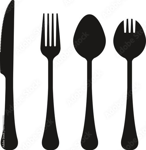 Vector silhouettes of utensils: knife, fork, spook, and spork.