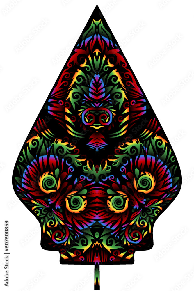 Obraz premium The symmetrical illustration logo in the shape of a Puppet Mountainhas dynamic gradient batik flower line art in a luxurious pattern colour 