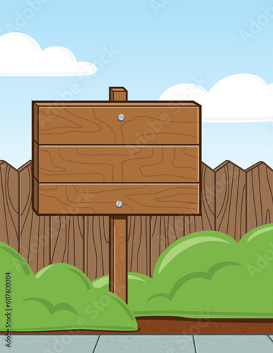 This is a vector illustration of a wooden sign in a yard