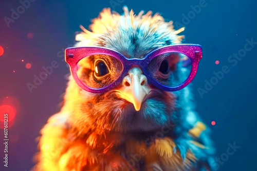 Cute chicken wearing glasses. animal on summer vacation, animal illustration. Ai generative